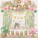 Pink and Green Birthday Decorations, Sage Green Pink Sand White Gold Balloons Happy Birthday Banner Fringe Curtains Butterfly Hanging Swirls Circle Dots Tassels Pompoms for Women Girls Party Supplie