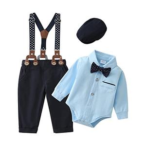 ZOEREA Baby Boy Suit 0-24M Gentleman Outfit Clothes Set Infant Long Sleeve Dress Shirt+Suspender Pants+Bowtie+Beret Hat, 3-6 Months