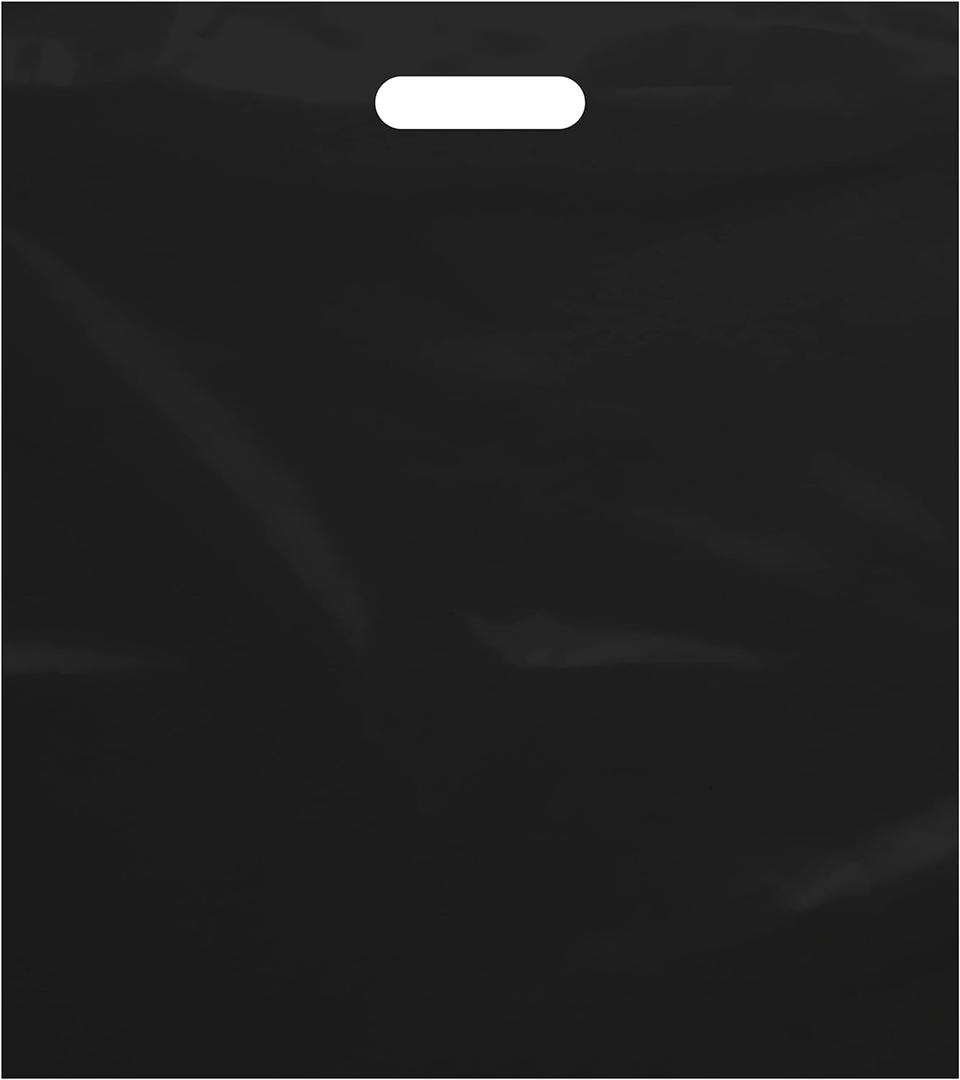 Purple Q Crafts Plastic Bag with Die Cut Handle Bag 15"x18" Black Plastic Merchandise Bags 100 Pack for Retail, Gifts, Trade Show and More