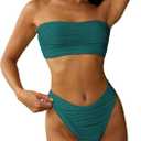 ZAFUL Women Strapless Textured Bandeau Bikini 2 Piece Swimwear Cheeky Solid Lace up Bathing Suits (Small, 1-malachite Green)