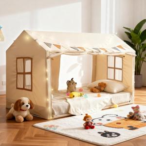 Twin Bed Tent for Kids, Princess Bed Canopy Playhouse with Star Lights, Breathable Private Space Fort Tents, Castle Reading Nook Play Tent for Girls Boys, Beige