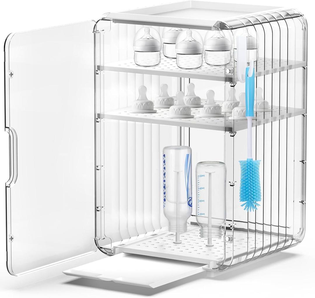 XANGNIER Baby Bottle Organizer, Clear Baby Bottle Storage Organizer for Countertop and Cabinet, with Drying Rack and Hook, Space-Saving, Multifunctional Station Organizers Accessories