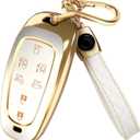 Lucrum Compatible with Hyundai Key Fob Cover & Leather Keychain, Keyfob Case for Santa Fe, Sonata, Tucson, Grandeur, Ioniq 5, Palisade, Nexo - For 7 Button Remote (2019-2025) - White and Gold