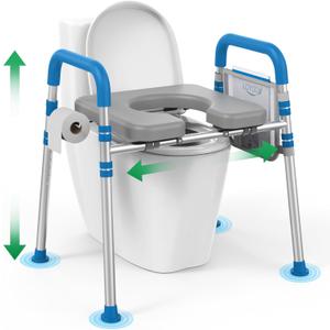 Raised Toilet Seat with Handles, Padded Toilet Seat Risers for Seniors, Adjustable Height & Width Toilet Riser, Handicap Elevated Toilet Seat 500lb, Fit Any Toilet