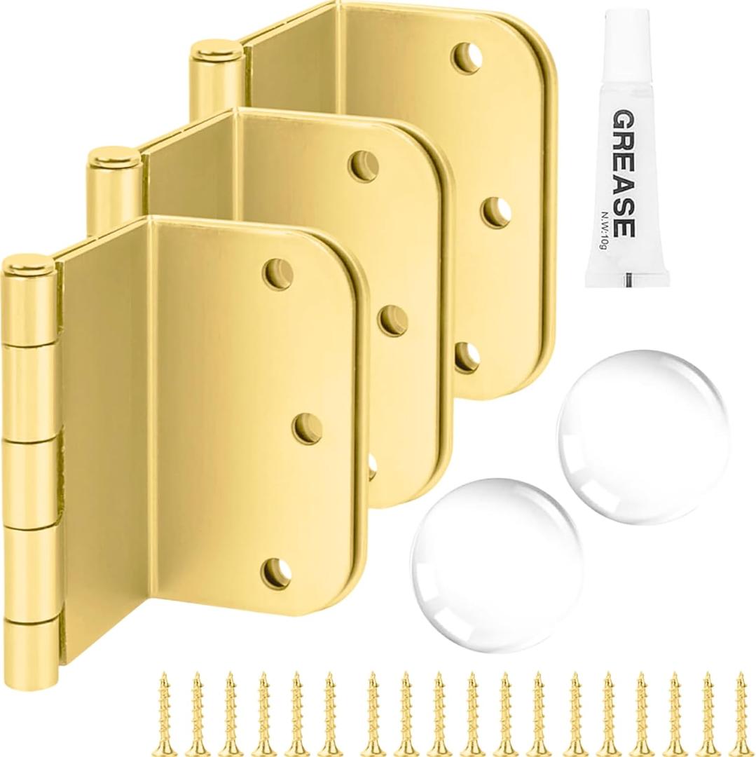 3-Pack Offset Door Hinges, Brushed Brass Door Hinges 3.5 Inch 5/8" Radius Corner for Handicap, Swing Clear for Exterior & Interior with Wall Handle Stopper & Grease, Bright Gold Interior Hardware