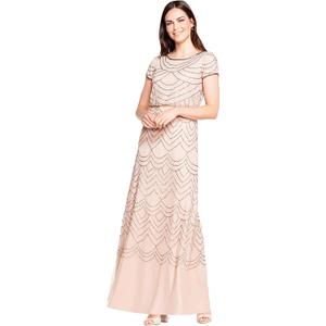 Adrianna Papell Womens Short Sleeve Blouson Beaded Gown (Size 0, Taupe/Pink)