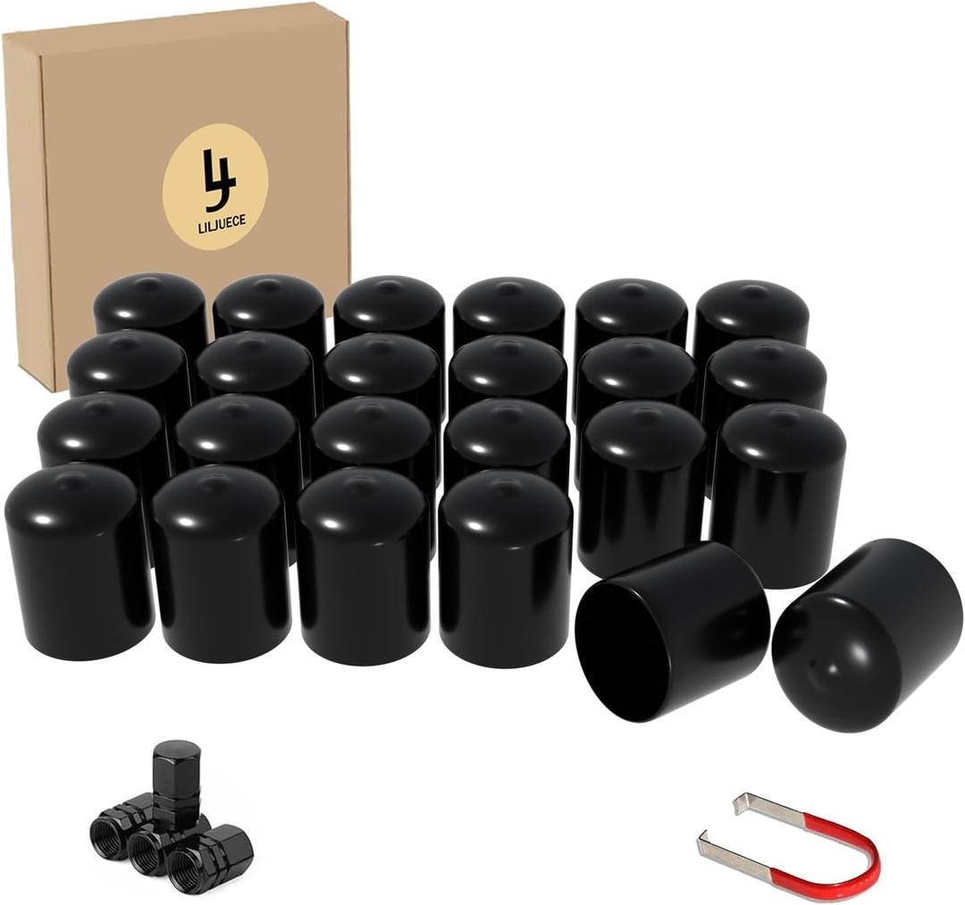 Lug Nut Covers- 24PCS 19mm Inner Flexible Fit Anti-Skid Treatment Wheel Lug Nut Cap with Removal Clip and 4 Tire Valve Stem Caps (Black) Lug Nut Covers- 24PCS 19mm Inner Flexible Fit Anti-Skid Treatment Wheel Lug Nut Cap with Removal Clip and 4 Tire Valve Stem Caps (Black)