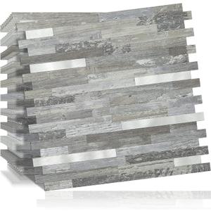 DICOFUN 10-Sheet Peel and Stick Backsplash Wall Tile, PVC Kitchen Backsplash Peel and Stick in Distressed Wood, 9.4 sq.ft (Distressed Wood with Metal Silver)