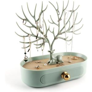 MORE&LESS Antlers Jewelry Display Stand with Aluminium alloy handle, Tree Tower Rack Hanging Organizer for Ring Earrings Necklace Bracelet, Deer Horn Tree Stand with Storage Drawer and Tray