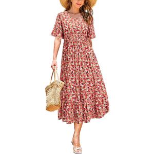 STYLEWORD Women's Summer 2025 Casual Short Sleeve Tiered Flowy Spring Dress Long Midi Beach Sundress Vacation Outfits
 Size 2XL