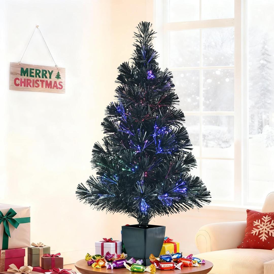 32inch Pre Lit Fiber Optic Christmas Tree,Small Christmas Tree with Lights,Mini Tabletop Christmas Trees,Starry Sky Xmas Tree for Home,Office,Party Decoration,Indoor,Outdoor (Black)
