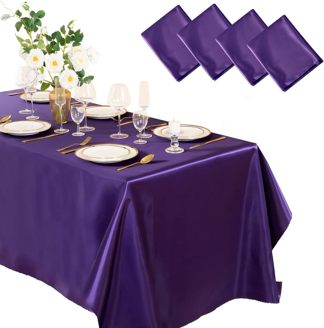 Horbaunal 4 Pack Purple Satin Tablecloth 60 x 102 Inches Rectangle Satin Table Cover Bright Silk Table Cloth Smooth Table Decoration for Wedding Party Banquet (Purple)