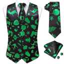 Hi-Tie Black Green Reindeer Christmas Vest and Tie Set For Mens Print Shiny Suit Waistcoat Necktie Xmas Holiday Party Tuxedo Vest, XXL