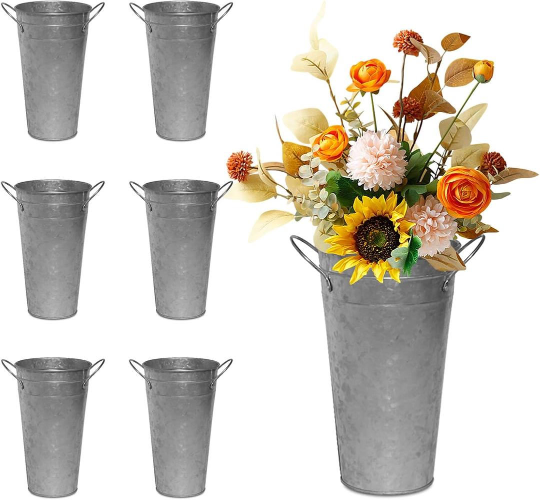 Haploon 6 Pack 12 Inch Vintage Galvanized Flower Bucket, Galvanized Flower Bucket with Handles, Metal Flower Vase Farmhouse French Flower Buckets for Party Table Centerpiece Weddings Home