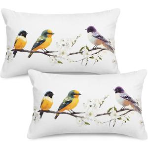 Decorative Lumbar Throw Pillow Covers Set of 2, Double-Sided Design 12 x 20 Inch Indoor Outdoor White Linen Watercolor Birds Cushion Cases, Fit Sofa Couch for Home Patio and Garden Decoration
