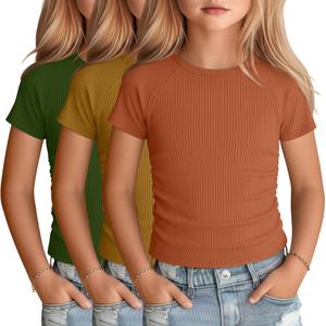 LessonZoo 3 Pack Girls Short Sleeve Cute Shirts, 3-Color, 11-12 Years