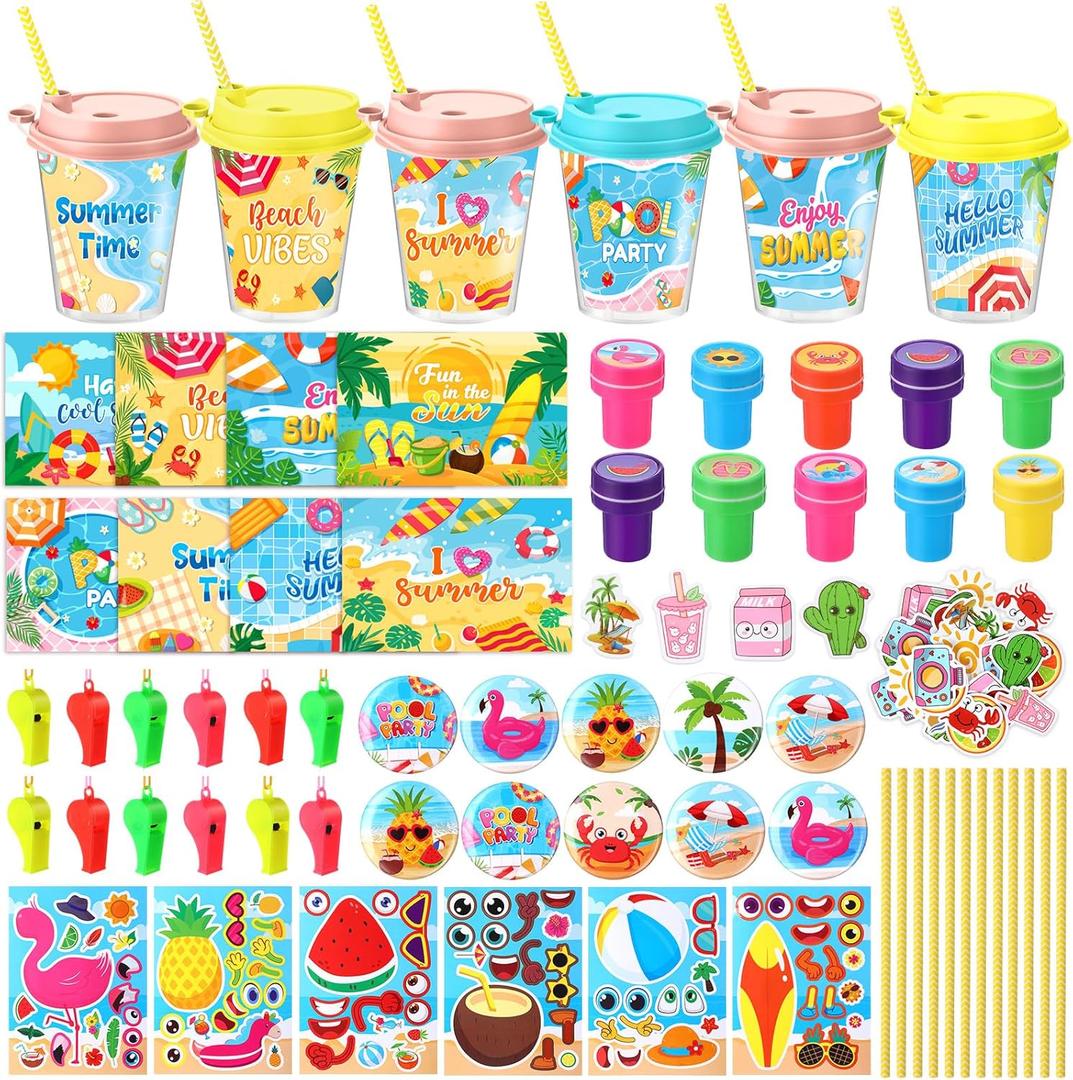 Funrous 146 Pcs Summer Party Favors, DIY Stickers Button Pins Badges Stampers Lids Straws Cups Cards Whistles for Beach Pool Summer Birthday Party Favor Supplies Hawaiian Tropical Tiki Aloha Gift Sets