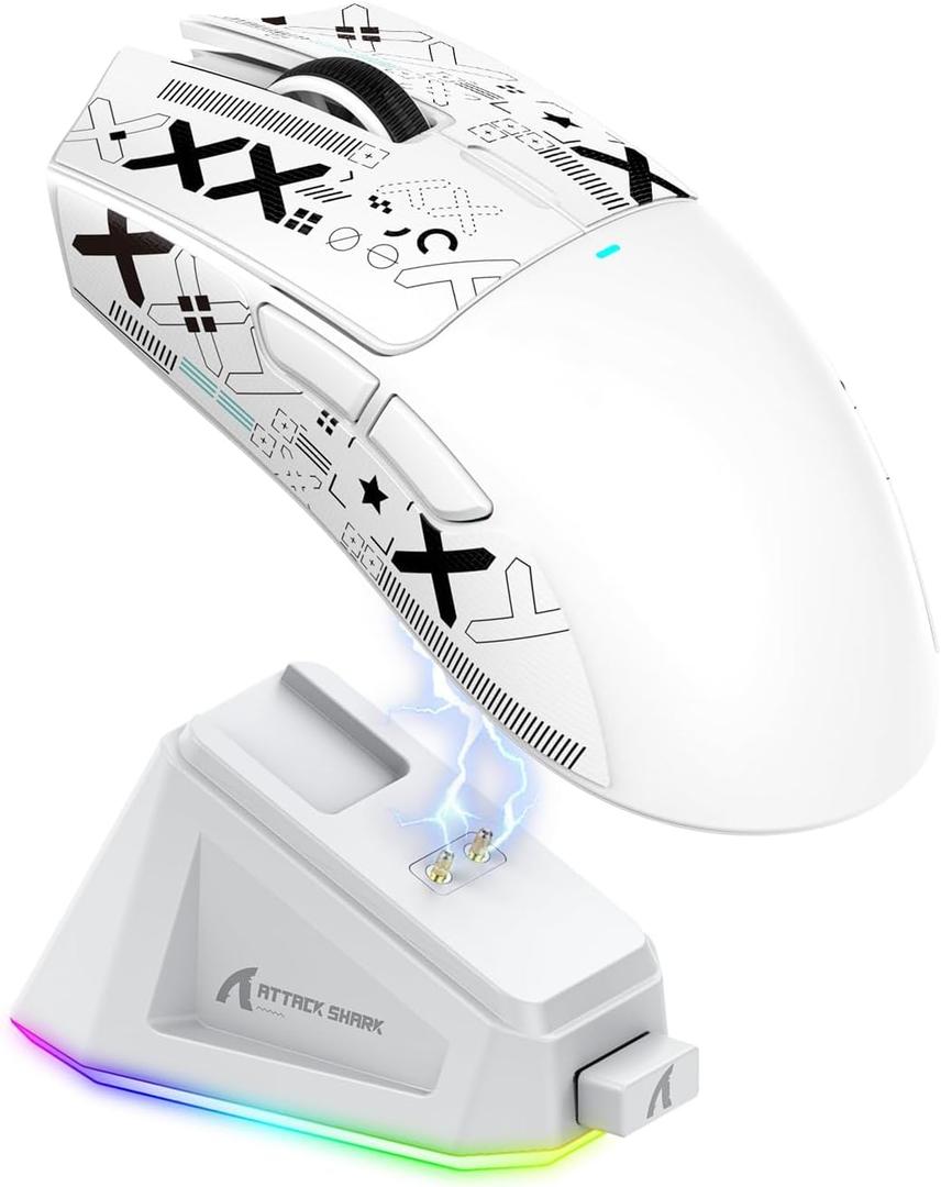 MAGIC-REFINER Attack Shark X11 59g Superlight Wireless Gaming Mouse with Grip Tape, RGB Charging Dock，BT/ 2.4G Wireless/ Wired Pc Mouse, 22000 DPI, 5 Programmable Buttons for Pc/ Mac(White)