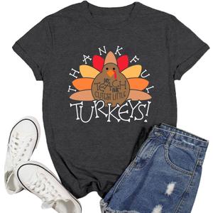 Women Thanksgiving Shirts Thankful Teacher T-Shirt Thankful Turkeys Letter Print Teacher Tee Top (Medium, Grey)