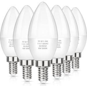 MAXvolador E12 LED Candelabra Light Bulbs 60W Equivalent, Daylight White 5000K 600 Lumen Chandelier Bulb, 6W B11 Candle Base, Non-Dimmable, Pack of 6