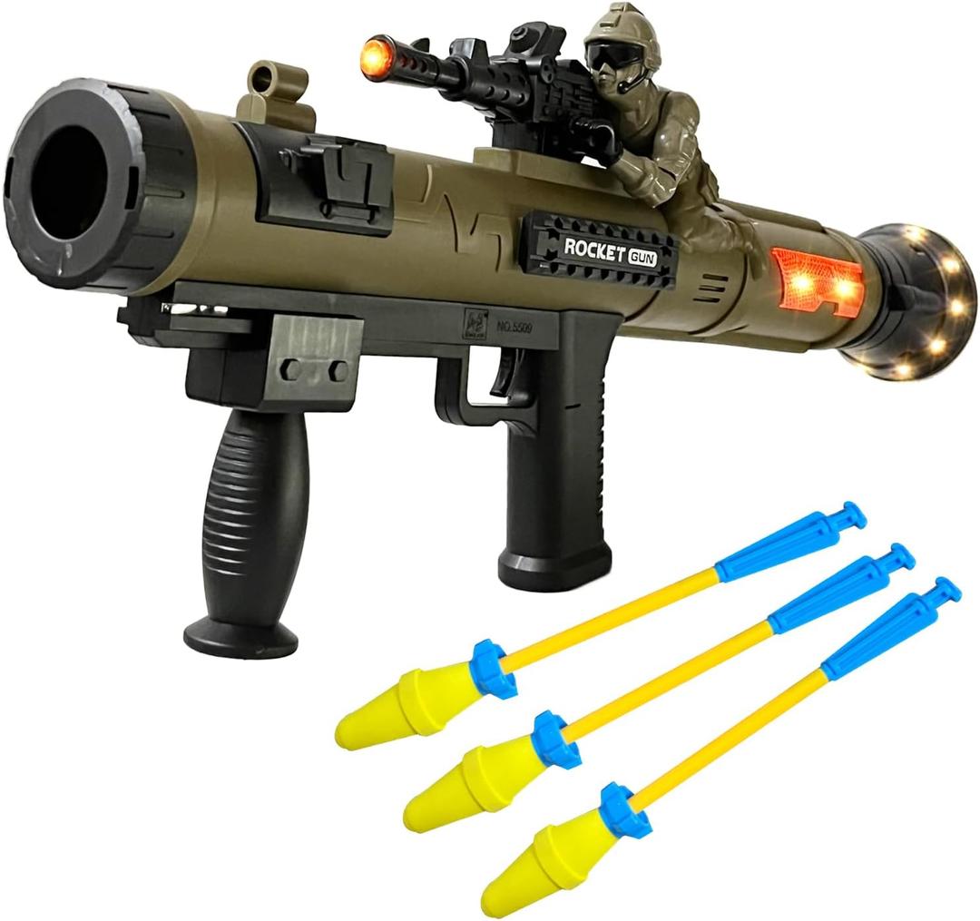 Toy Rocket Launcher, Rocket Gun with 3 Foam Rockets, Toy Rocket Barrel Launcher RPG Gun for Kids, with Sound, Vibration, LED Effects, Military Pretend Play Blaster Toy Gun for Boys (Brown)