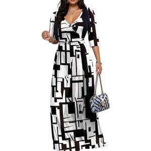 CaniBtr Maxi Dresses for Women Plus Size Casual 3/4 Sleeve Wrap V Neck Semi Formal Elegant Long Church Dress with Belt (Small)