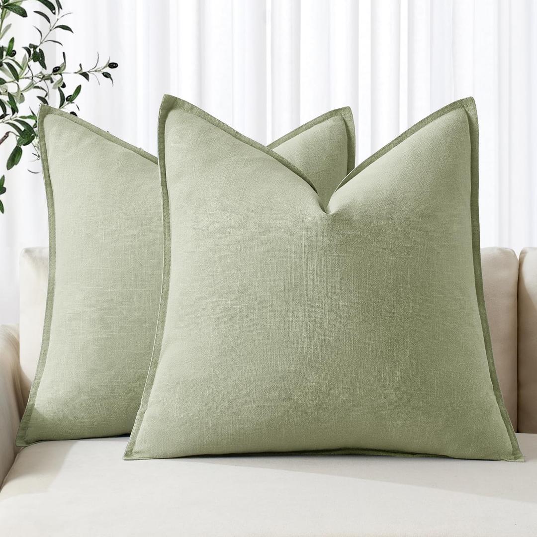 MIULEE Decorative Linen Euro Sham Pillow Covers 24x24 Light Green Boho Farmhouse Neutral Spring Couch Throw Pillows for Bed Pack of 2 Accent Modern Pillowcase Summer Sofa Livingroom Home Decor