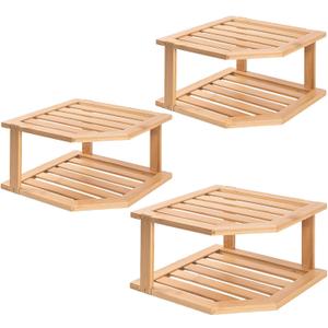 VERTORGAN Bamboo Corner Shelf(3 Pack),2 Tier Plate Organizer for Cabinet and Countertop,Pantry Dish and Spice Rack for Kitchen