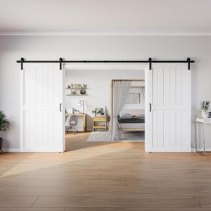 SmartStandard 84 x 96 in (Double 42x96 Door) White Barn Door with 14FT Sliding Hardware Kit & Handle, Pre-Drilled Ready to Assemble, Waterproof PVC Coating, H-Frame