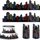 4pcs Spider Skyscraper Cake Toppers with Adhesive Dots, City Theme Cake Topper Skyscraper Border Decorations for Birthday Party & Construction Themed Events