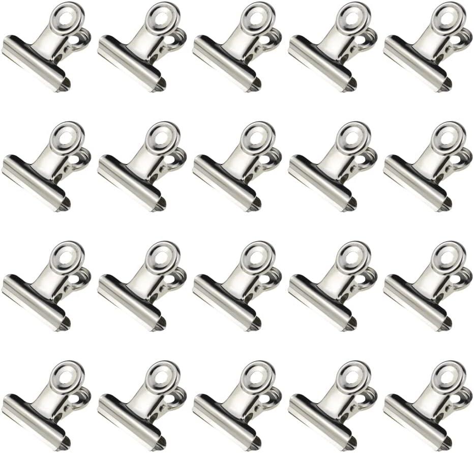 HAHIYO 1.25inch Silver Bulldog Clips Metal File Hinge Binder Clips Clamps Save Space Strong Spring Jaws Rock Solid Grip Book Lay Flat Deburred Edge for Hang Photos Wall Grid Dog Food 20PCS