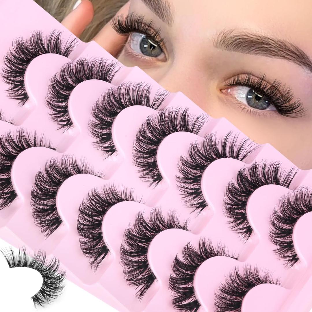 Wispy Lashes False Eyelashes Clear Band Cat Eye Lashes Natural Look 15MM Fake Eyelashes Pack Pestaas Postizas Naturales Wispy D Curvature Lashes, 7 Pairs