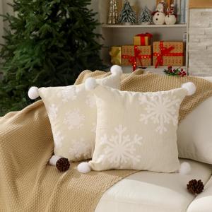 Tufted Snowflake Throw Pillow Covers Set of 2, 18x18 Inch Cream Neutral Winter Cushion Covers with Pom Poms, Cozy Rustic Modern Christmas Farmhouse Sofa Couch Bed Decor