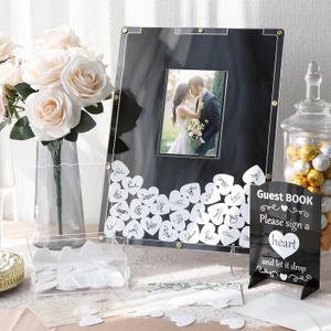 AerWo Wedding Guest Book Alternative, Acrylic Guest Book Wedding Reception Wedding Heart Guest Book Drop Box with Picture Frame, 100 Acrylic Hearts,Wedding Signs for Graduations Baby Shower Anniversary (Black)