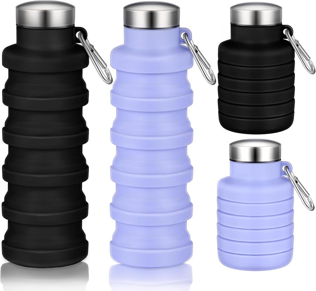 Baderke 2 Pcs Collapsible Water Bottles 17oz Silicone Travel Foldable Portable Water Bottle with Buckle Silicone Lightweight Reusable Leakproof for Camping Hiking Cycling Sport(Purple, Black)