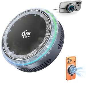 Qi2.2 Wireless Charger25W Fast Charging+Instant Cooling Magnetic Charger Pad with Cooling Fan,LED Light Phone Holder Fast Charging Compatible with iphone17/16/15/14/13/12 Series