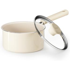 Redchef Ceramic Nonstick Saucepan with Lid, 1.5QT Small Cooking Pot, Non Toxic Sauce Pans for Kitchen, Cool Handle PFAS Free Compatible with All Cooktops, White (Cream)