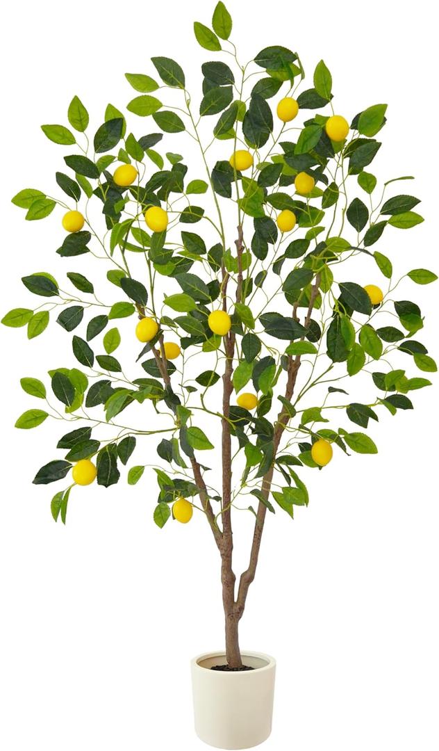 Artificial Lemon Tree, 5ft Tall Fake Lemon Silk Plant with White Planter, Faux Lemon Plastic Fruit Tree for Indoor Home Decor Office Garden