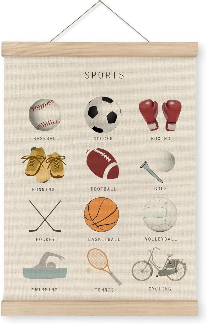 MAQIKA Sports Poster Framed with Wood Hanger,Sports Wall ArtSports Soccer Football Wall Decor,Sports Baseball Basketball Canvas Wall Art Paints Sports Posters for Man Cave Kids Boys Room 12x16 Inch