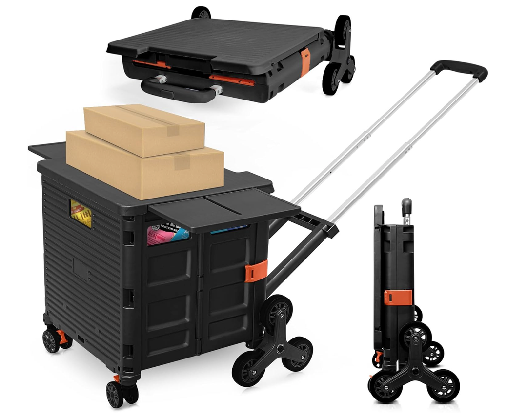 Foldable Utility Cart with Stair Climbing Wheels,Collapsible Rolling Crate with Magnetic Lid Telescopic Cover,Adjustable Telescoping Handle,360° Rotate Wheel Hand Cart for Teacher Shopping Moving