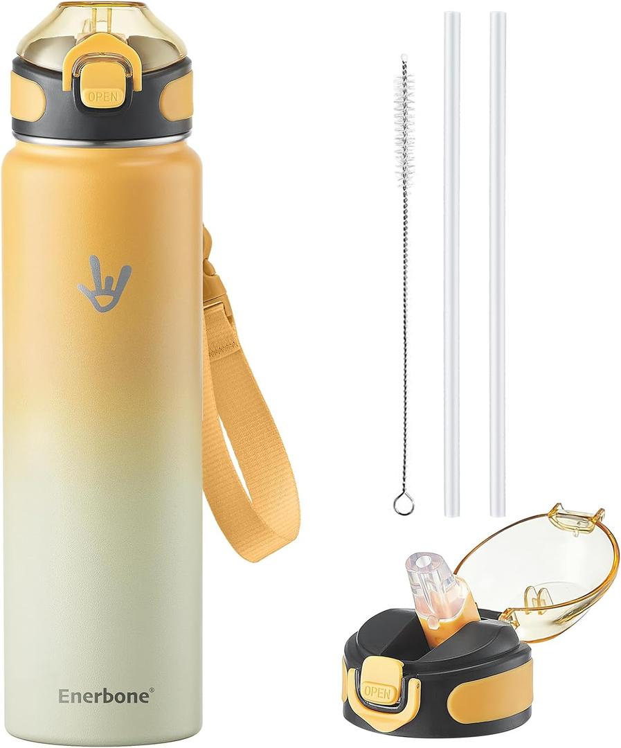 Enerbone 32 oz Insulated Water Bottle, Stainless Steel Bottle with Carrying Strap, Double-Wall Vacuum Insulation Design, Leakproof Sports Bottle with Straw, Keep Drinks Cold or Hot for Hours (Sunburst)