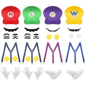 4Pcs Super Bros Hats Accessories Set Mary Luigy Caps, Mustaches, Suspenders, Gloves Buttons Halloween Cosplay Costume 2025 (Red+Green+Purple+Yellow)