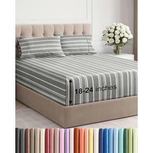 Extra Deep Pocket Queen Sheet Set - 4 Piece Breathable & Cooling Bed Sheets - Hotel Luxury Sheet Set - Ultra Soft, Wrinkle Free & Comfy - Fits Extra Deep Mattresses - Deep Pocket Grey Stripes 3 Sheets