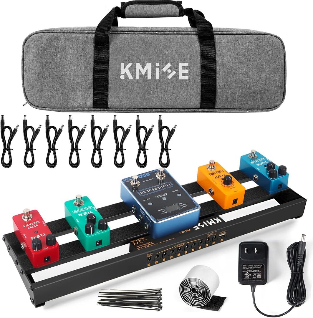 Guitar Pedalboard with Built-in Power Supply Pedal Board Aluminium Alloy 1.8lb Lightweight 19x5 Inch Black Pedal Board with Power Supply, Carrying Bag, Guitar Pedal Cable, Hook Tape