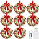 Ceenna 8 Pcs Lighted Christmas Wreath 14 Inch Pre Lit Artificial Christmas Wreath with Battery Operated LED Light and Timer for Xmas Front Door Outdoor Window Holiday Party Decor (Red/Bow)
