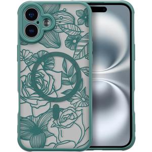 XIZYO Magnetic Case for iPhone 16 Floral Rose Cute Phone Case [Compatible with Magsafe] for Women Girls Aesthetic Pattern Slim TPU Shockproof Bumper Cover, Deep Green