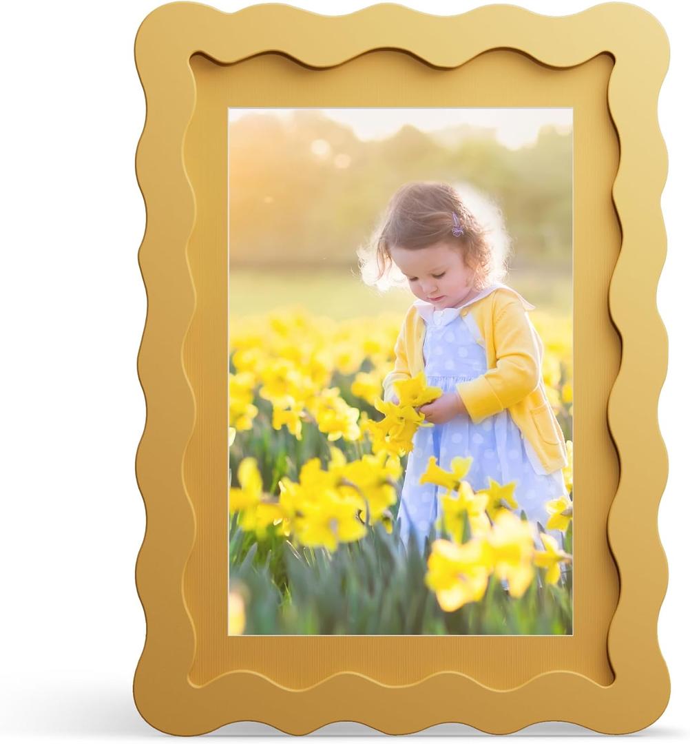 5x7 Picture Frame with Mat for 4x6, Wavy Edge Wooden Real Glass Photo Frame for Tabletop and Wall Hanging, Yellow, 1 Pack