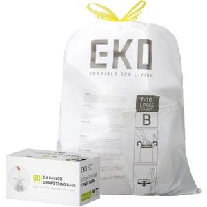EKO 2.6 Gallon / 7-10 Liter, 80 Count Small Drawstring Trash Bags, Extra-Strong Unscented Garbage Bags, Easy-Dispense Roll for Kitchen & Household Use, Resists Tears, Leaks and Punctures, Code B White
