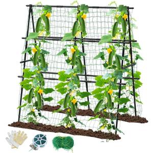Cucumber Trellis, 47''X47'' A-Frame Cucumber Trellis for Raised Bed with Climbing Net, Metal Garden Trellis for Climbing Plants for Cucumber,Tomato, Grapes and Flowers