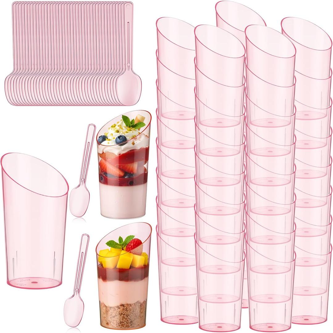 Newtay 50 Pcs 3oz Mini Slanted Dessert Cups with Spoons, Pink Ice Cream Cups for Mother's Day Graduation Party, Disposable Buffet Serving Bows for Birthday Wedding Brunch, Nuts Salad Snacks Yogurt